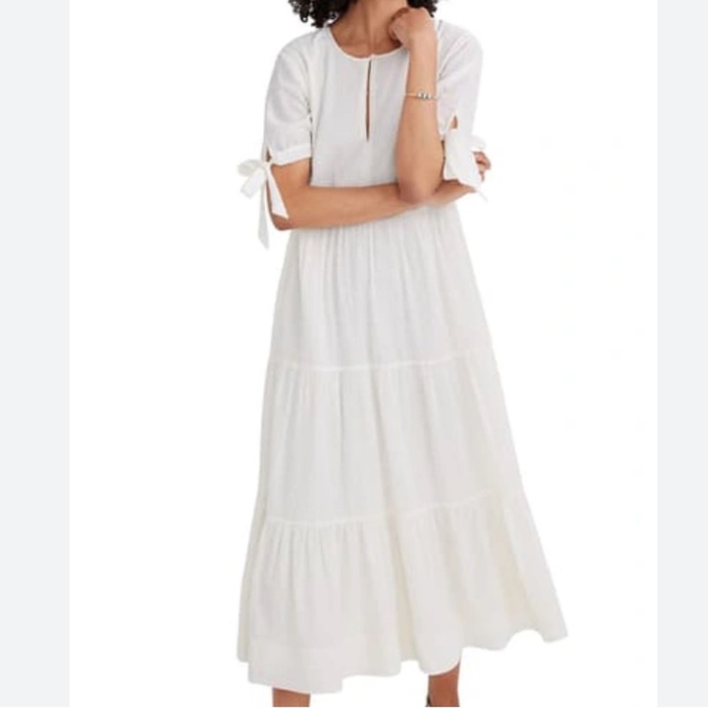 Madewell Tie-Sleeve Tiered Midi Dress in Swiss Dot